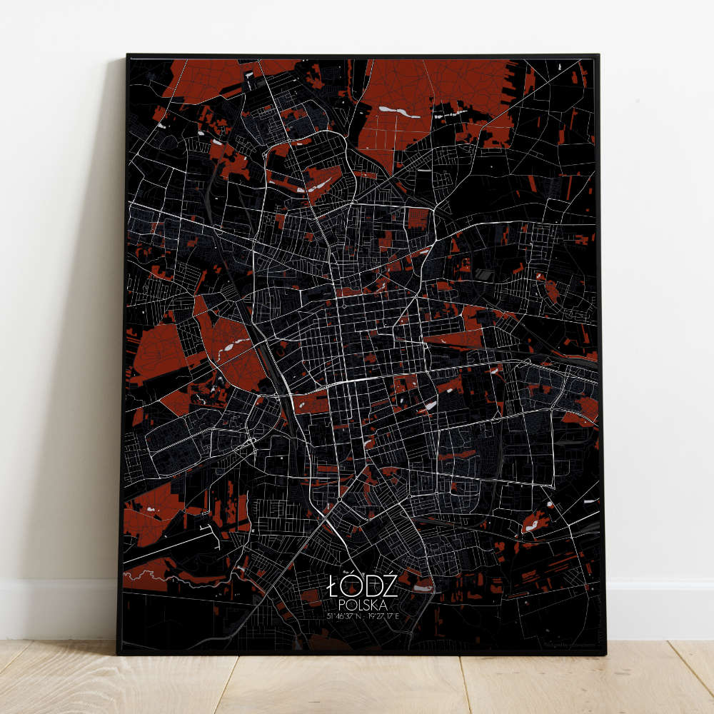 Mapospheres Lodz Red dark full page design poster city map
