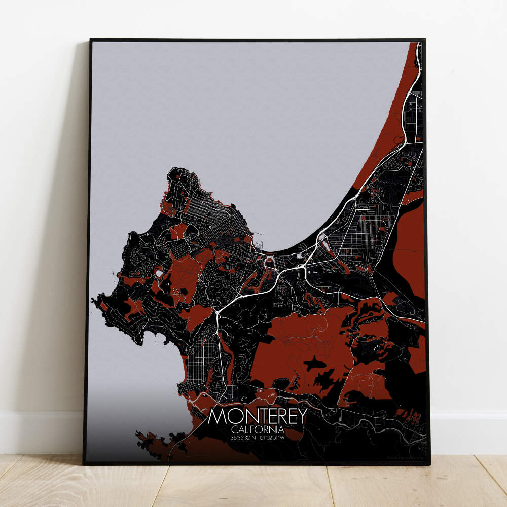 Mapospheres Monterey Red dark full page design poster city map