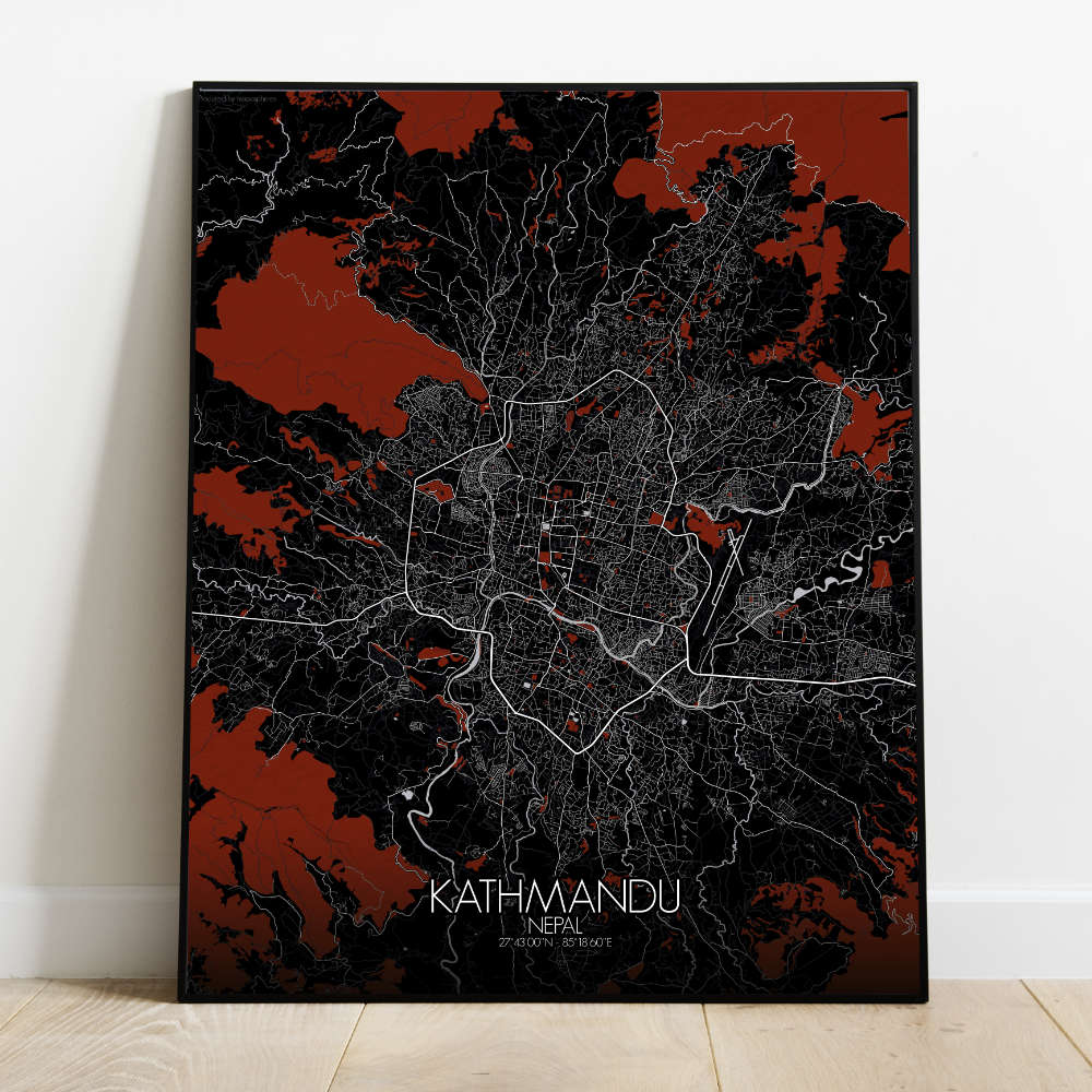 Mapospheres Kathmandu Red dark full page design poster  affichecity map
