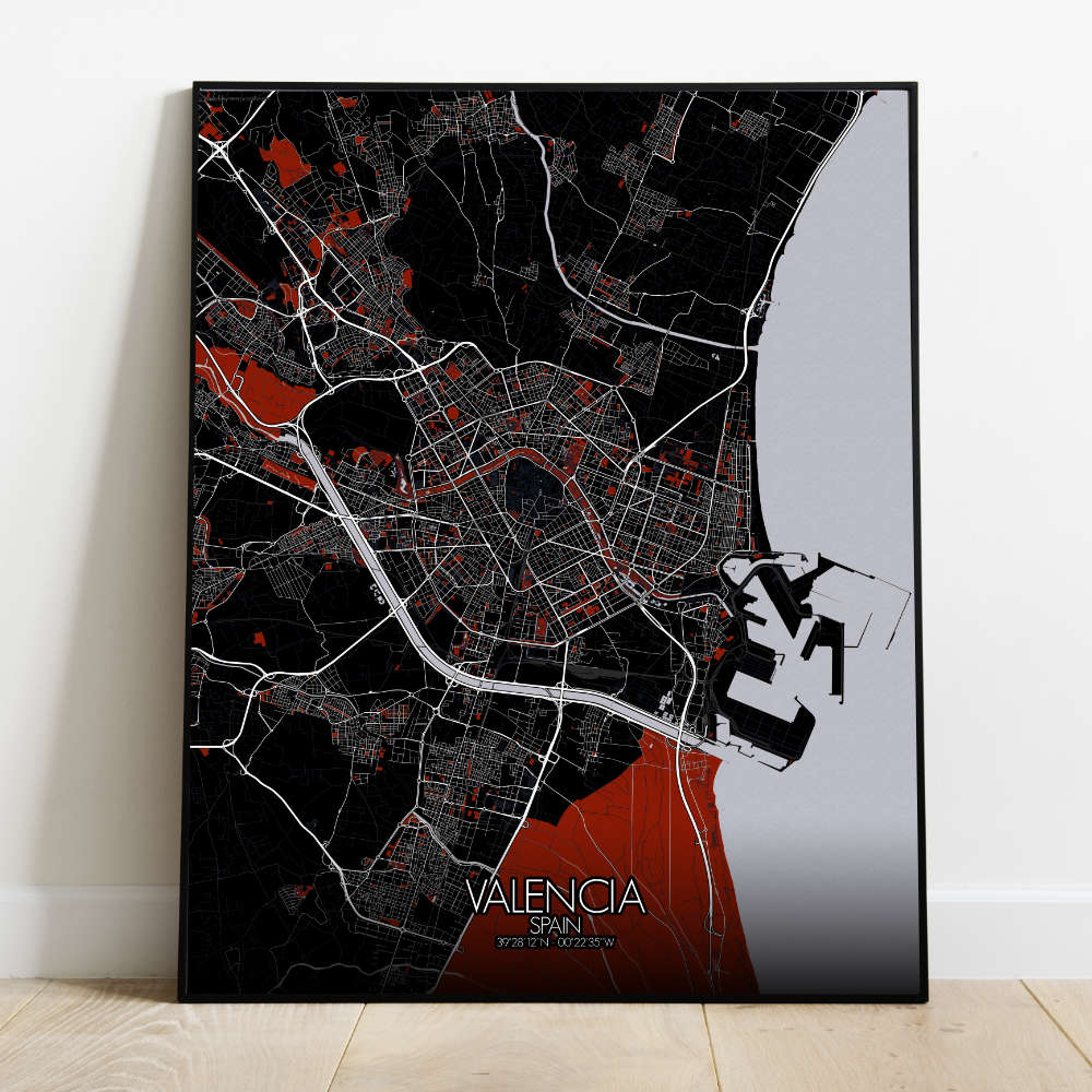 Mapospheres Valencia Red dark full page design poster  affichecity map