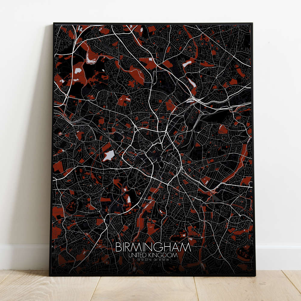 Mapospheres Birmingham Red dark full page design poster city map