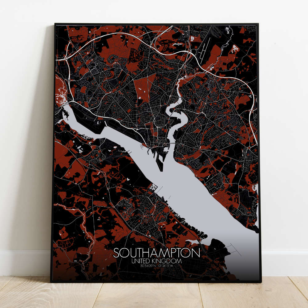 Mapospheres Southampton Red dark full page design poster city map