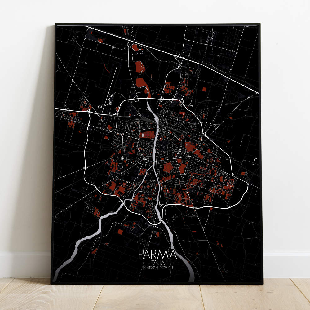 Mapospheres Parma Red dark full page design poster  affichecity map