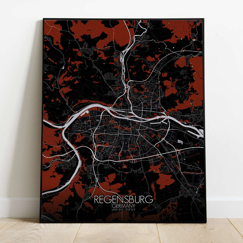 Mapospheres Regensburg Red dark full page design poster city map
