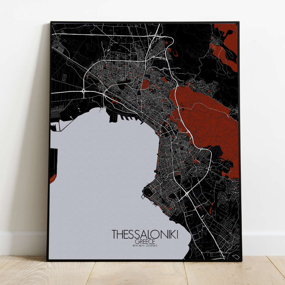 Mapospheres Thessaloniki Red dark full page design poster city map
