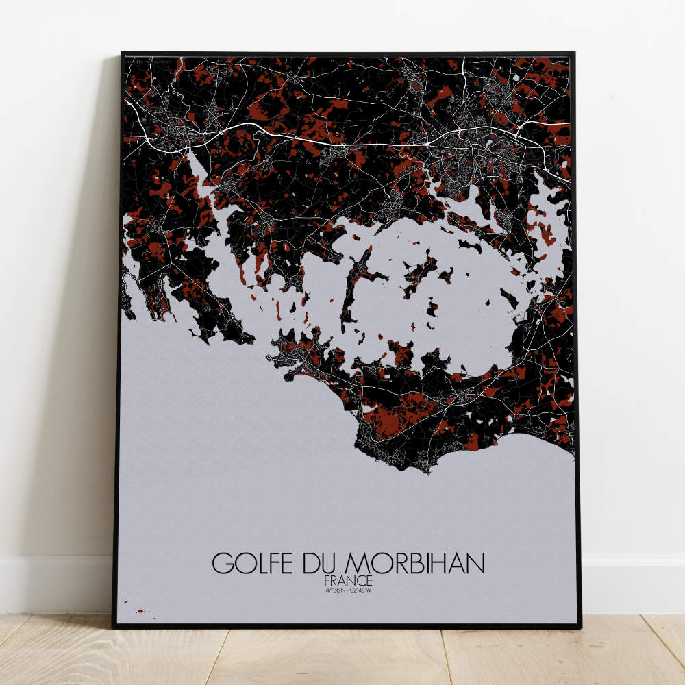 Mapospheres the Gulf of Morbihan Red dark full page design poster city map