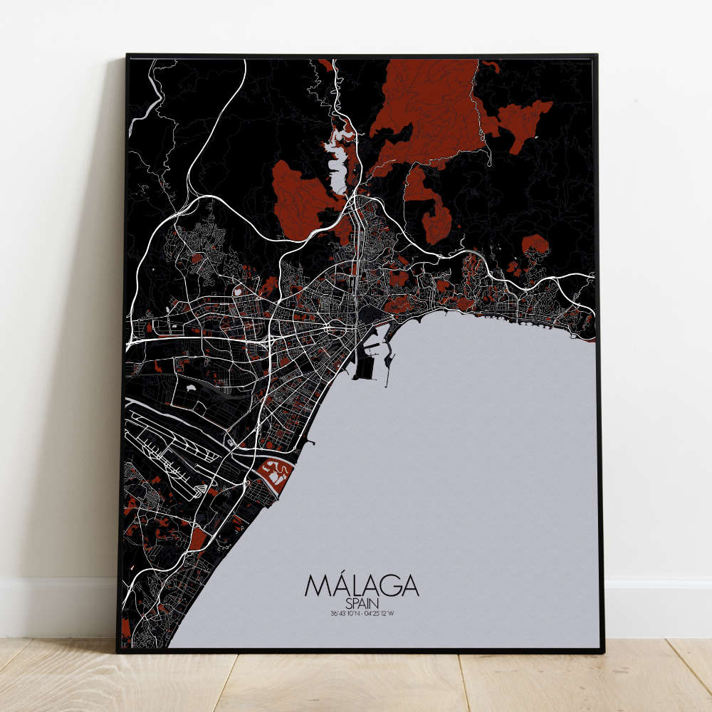 Mapospheres Malaga Red dark full page design poster  affichecity map