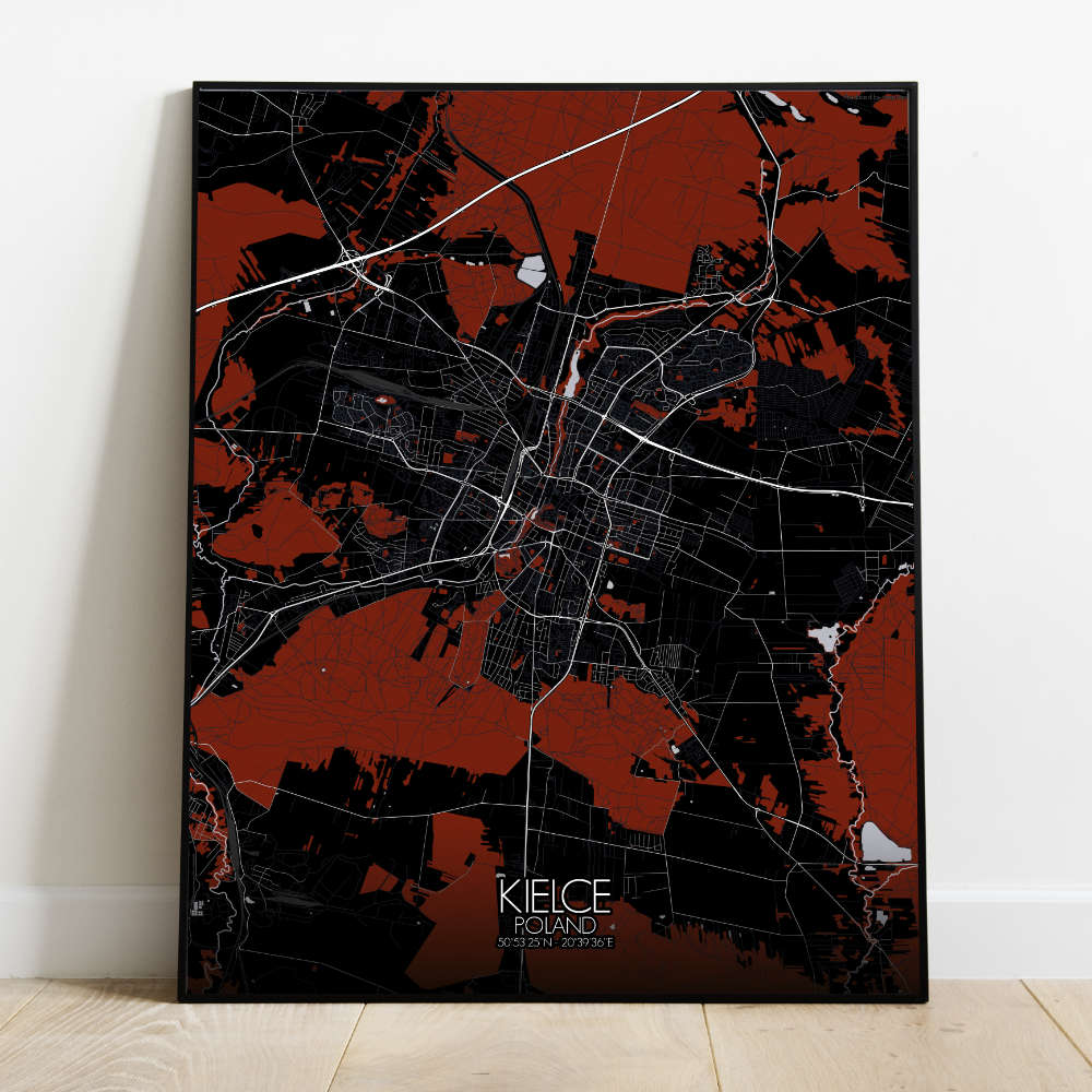 Mapospheres Kielce Red dark full page design poster city map