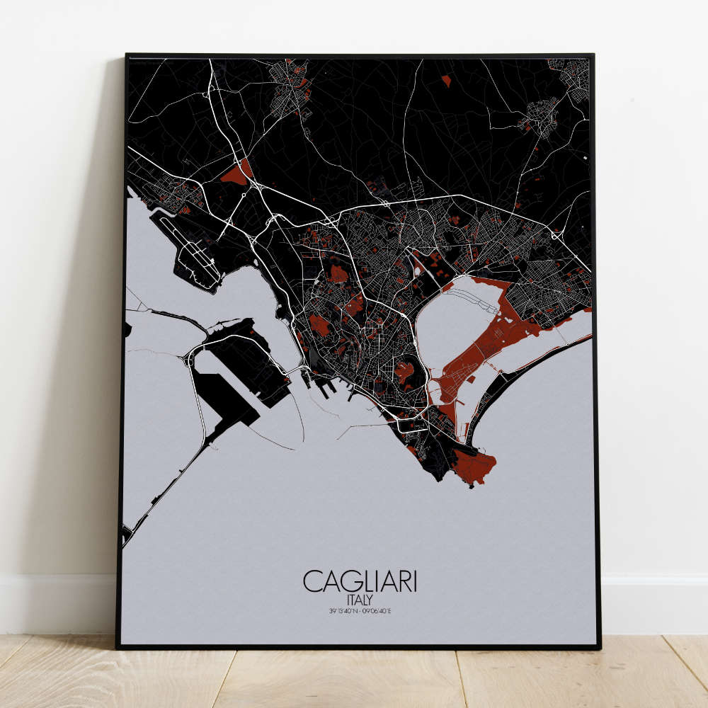 Mapospheres Cagliari Red dark full page design poster  affichecity map
