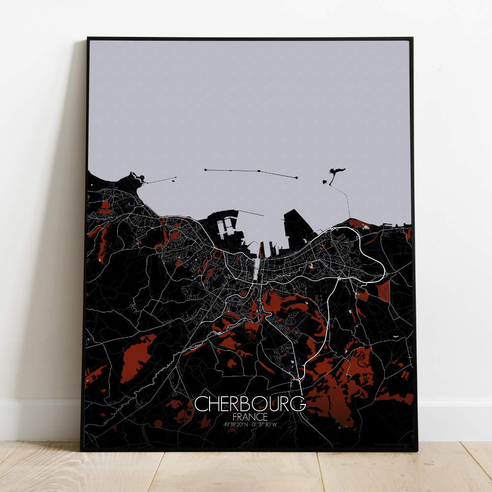 Mapospheres Cherbourg Red dark full page design poster city map