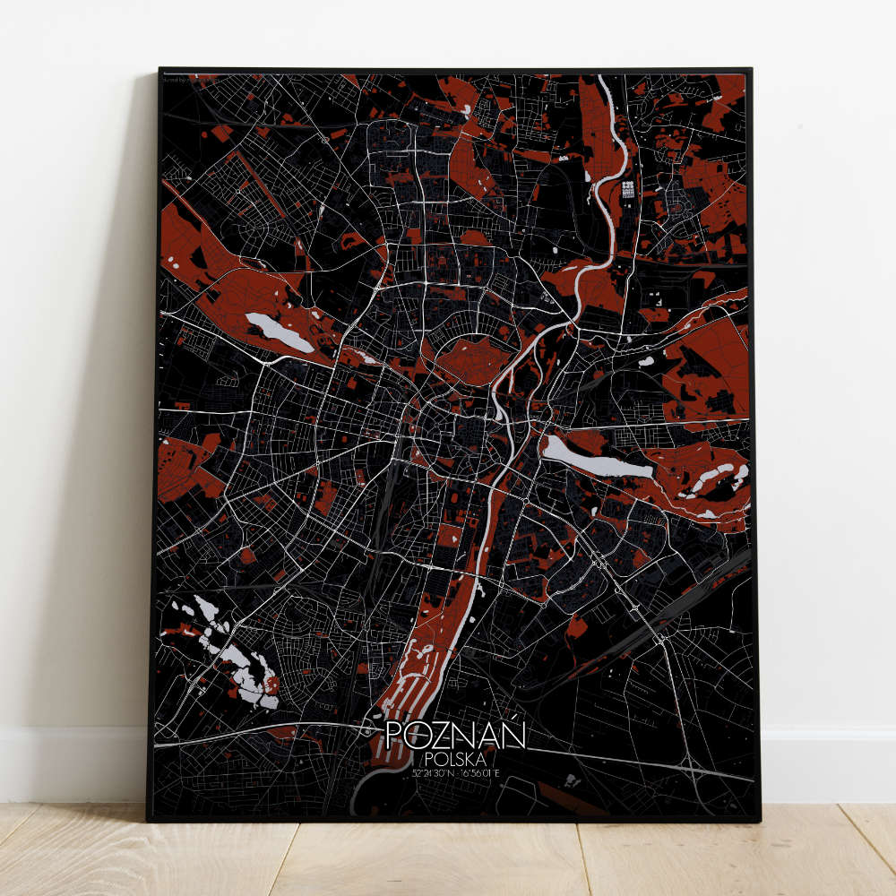 Mapospheres Poznan Red dark full page design poster city map