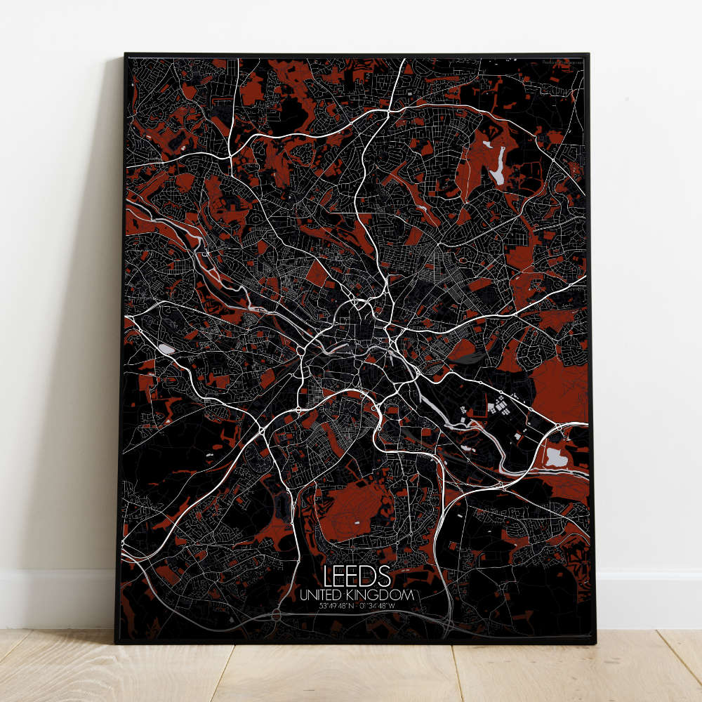 Mapospheres Leeds Red dark full page design poster city map