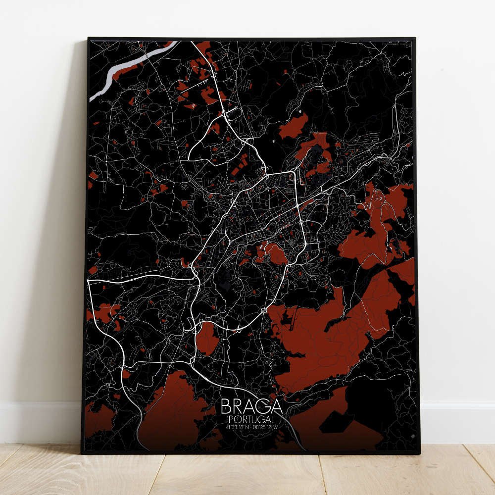 Mapospheres Braga Red dark full page design poster city map