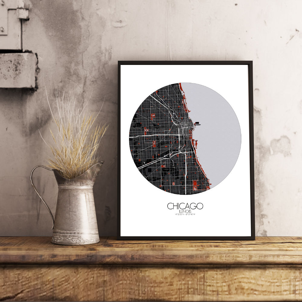 Mapospheres Chicago Red dark round shape design canvas city map
