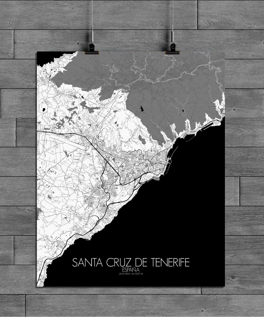 Mapospheres Black and White full page design Santa Cruz de Tenerife affiche paper poster city map