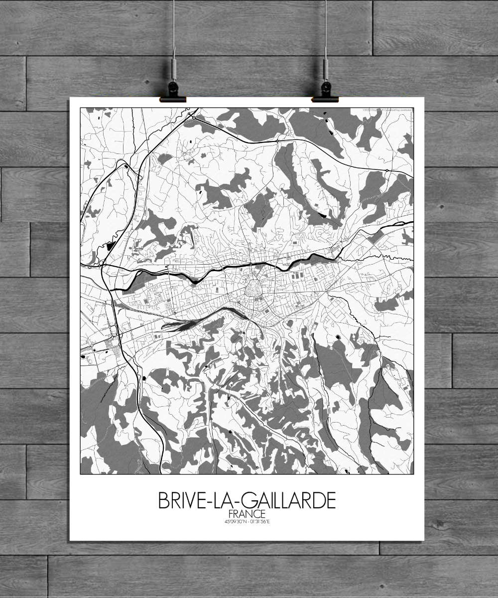 Mapospheres Brive Black and White full page design poster affiche city map