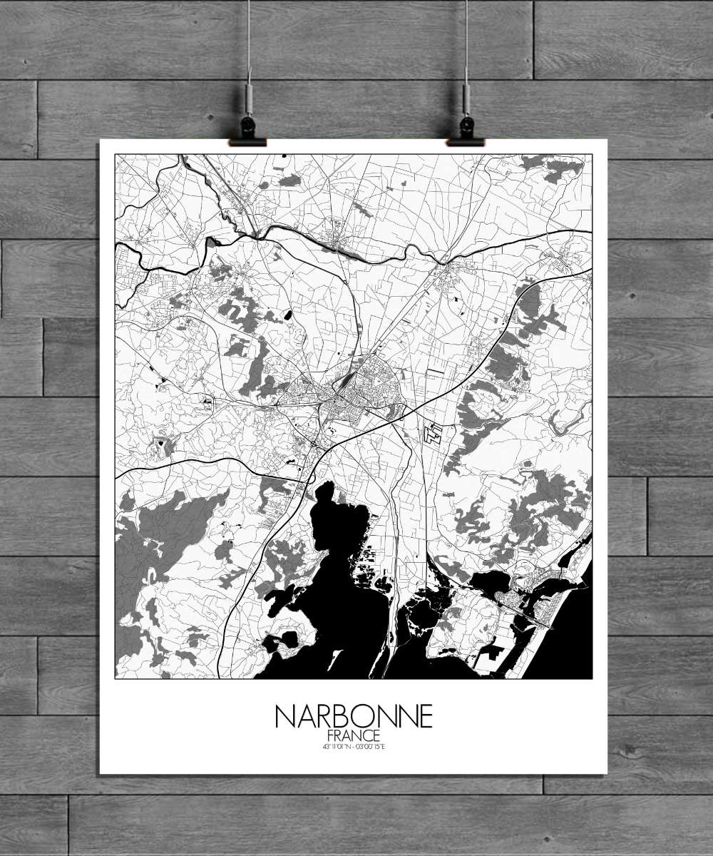 Mapospheres Narbonne Black and White full page design poster city map