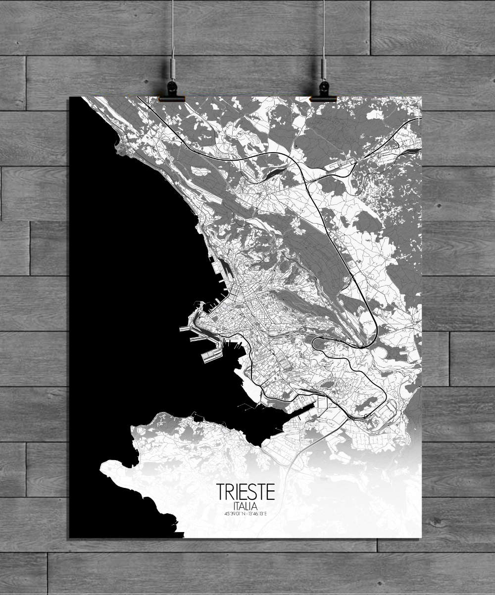 Mapospheres Trieste Black and White full page design poster affiche city map