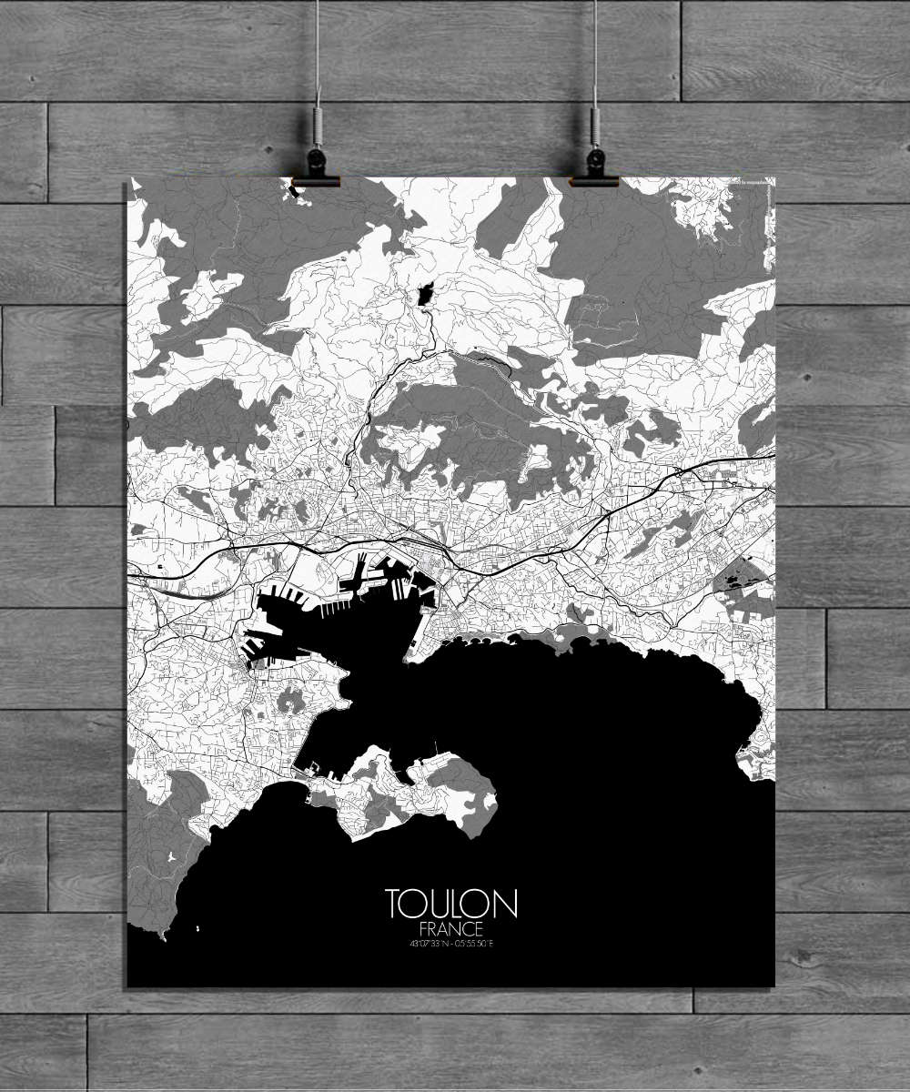 Mapospheres Toulon Black and White full page design poster city map