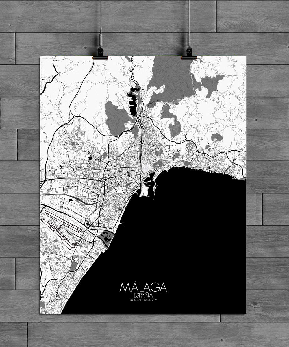 Mapospheres Malaga Black and White full page design poster affiche city map