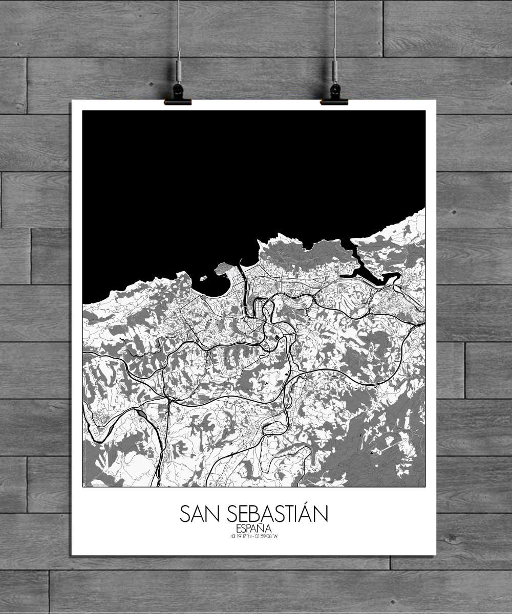 Mapospheres San Sebastian Black and White full page design poster affiche city map