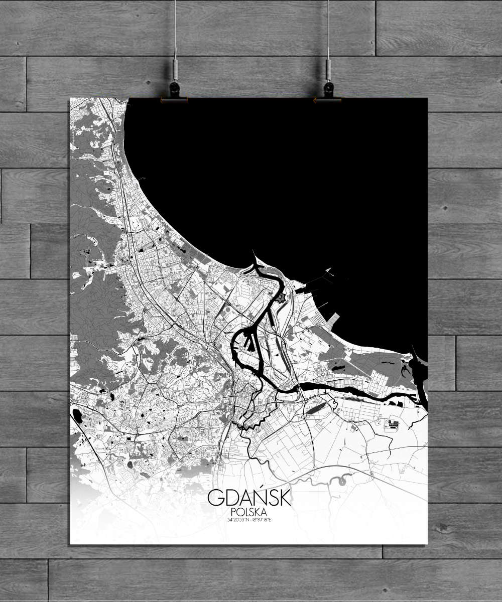 Mapospheres Gdansk Black and White full page design poster affiche city map