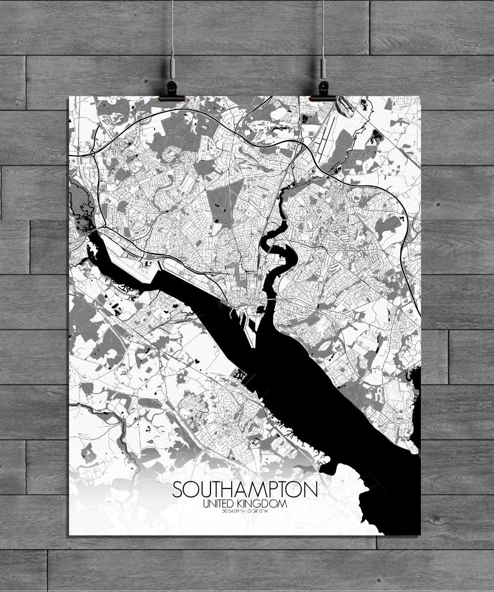 Mapospheres Southampton Black and White full page design poster city map