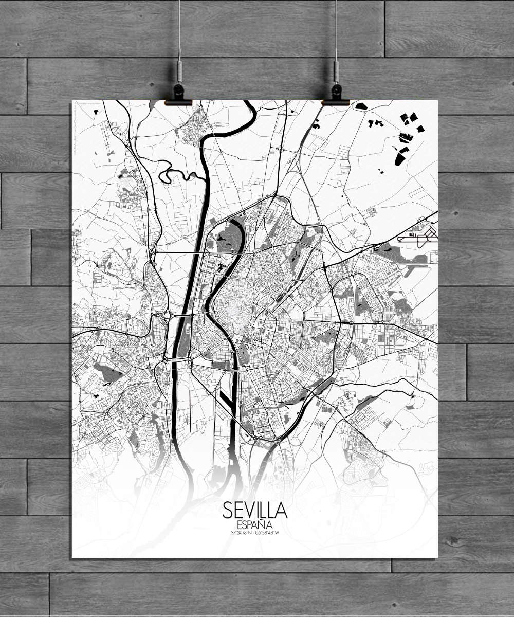Mapospheres Sevilla Black and White full page design poster affiche city map