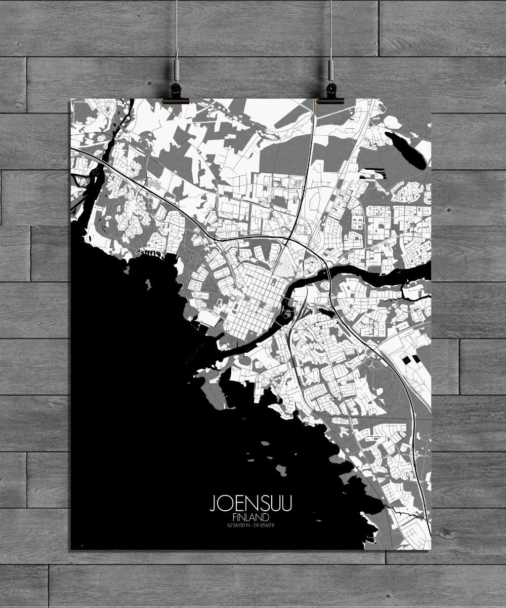 Mapospheres Joensuu Black and White full page design poster city map