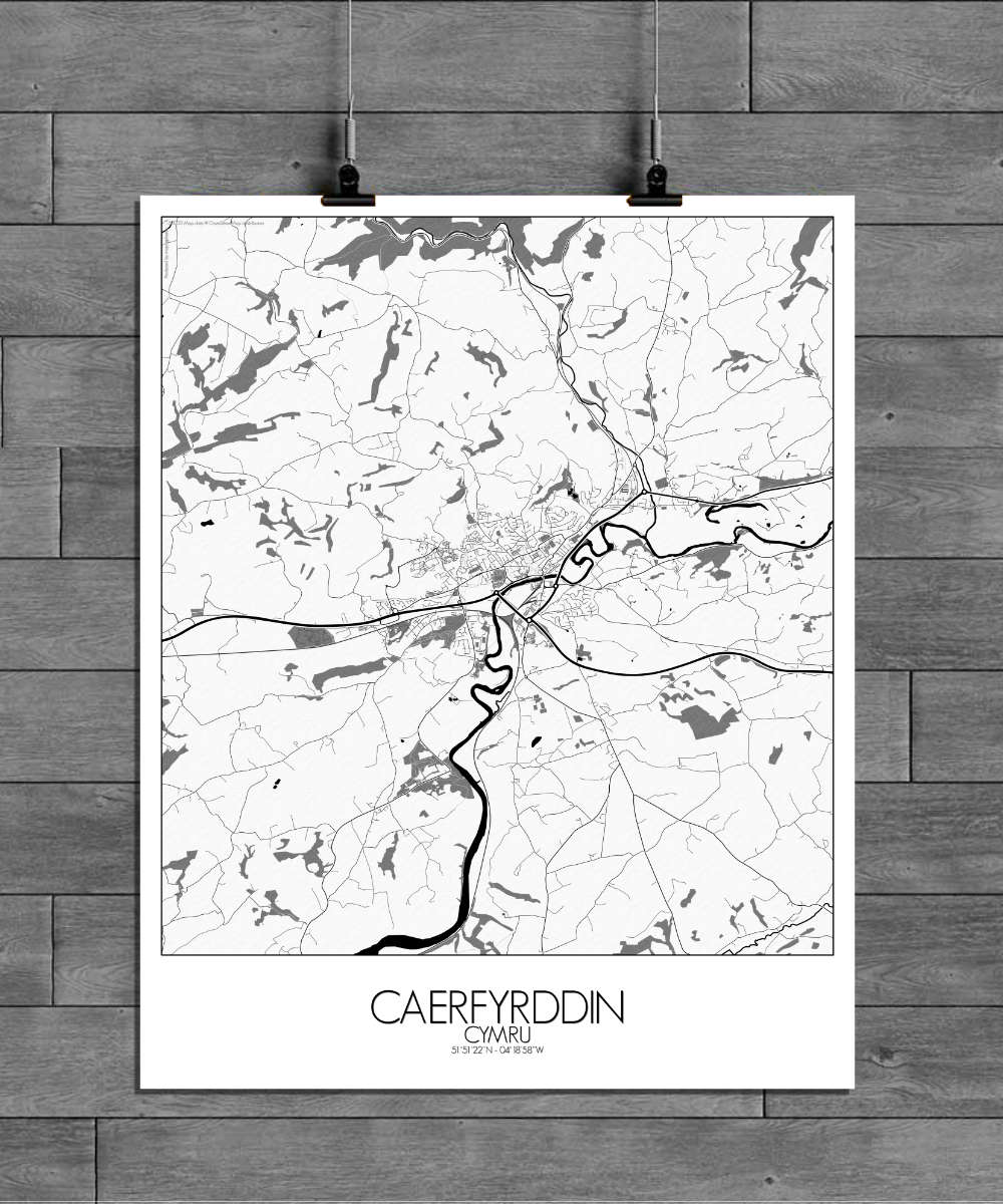 Mapospheres Carmarthen Black and White full page design poster city map