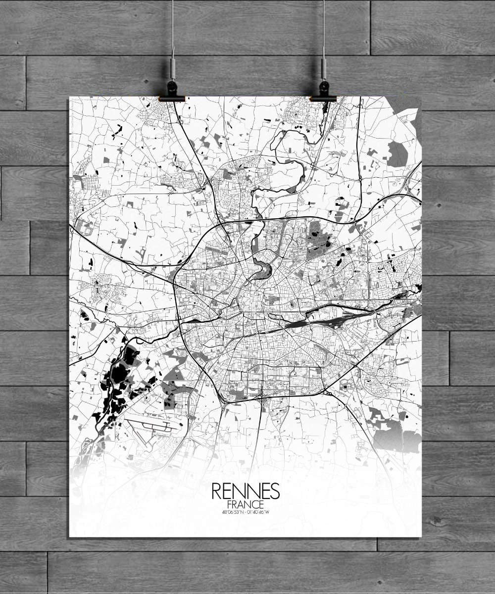 Mapospheres Rennes Black and White full page design poster city map