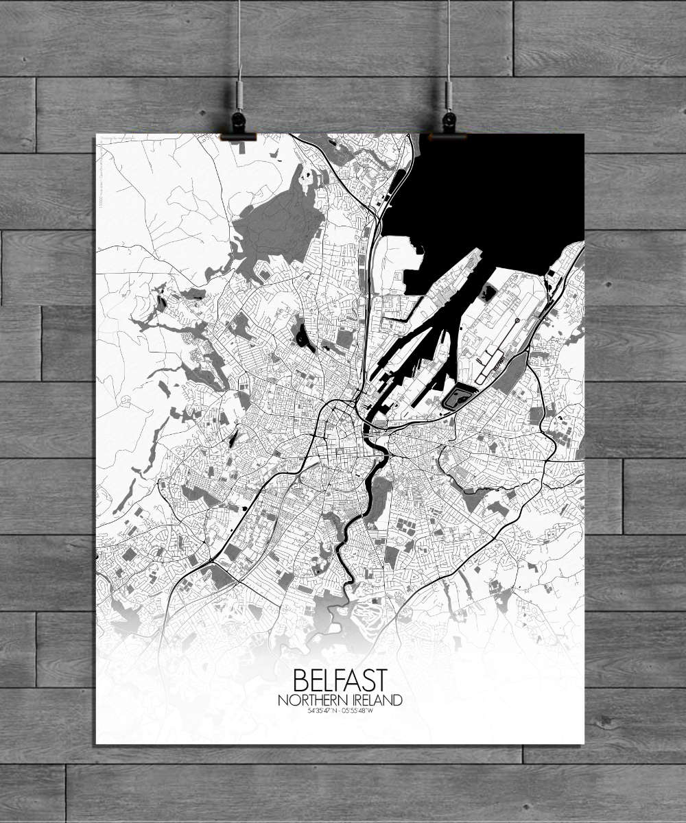 Mapospheres Belfast Black and White full page design poster city map