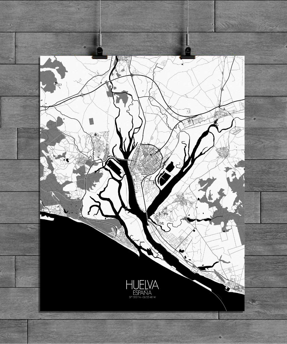 Mapospheres Huelva Black and White full page design poster city map