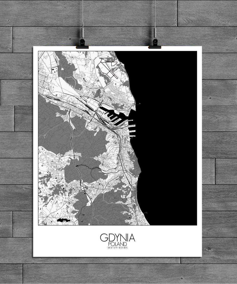 Mapospheres Gdynia Black and White full page design poster city map