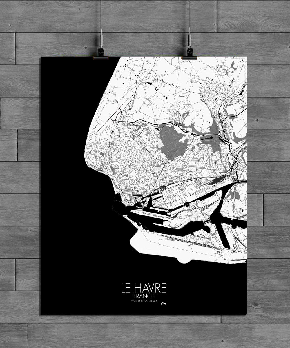 Mapospheres Le Havre Black and White full page design poster city map