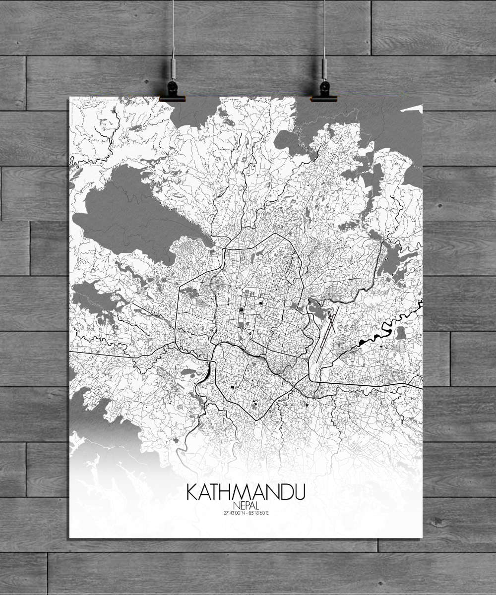 Mapospheres Kathmandu Black and White full page design poster affiche city map