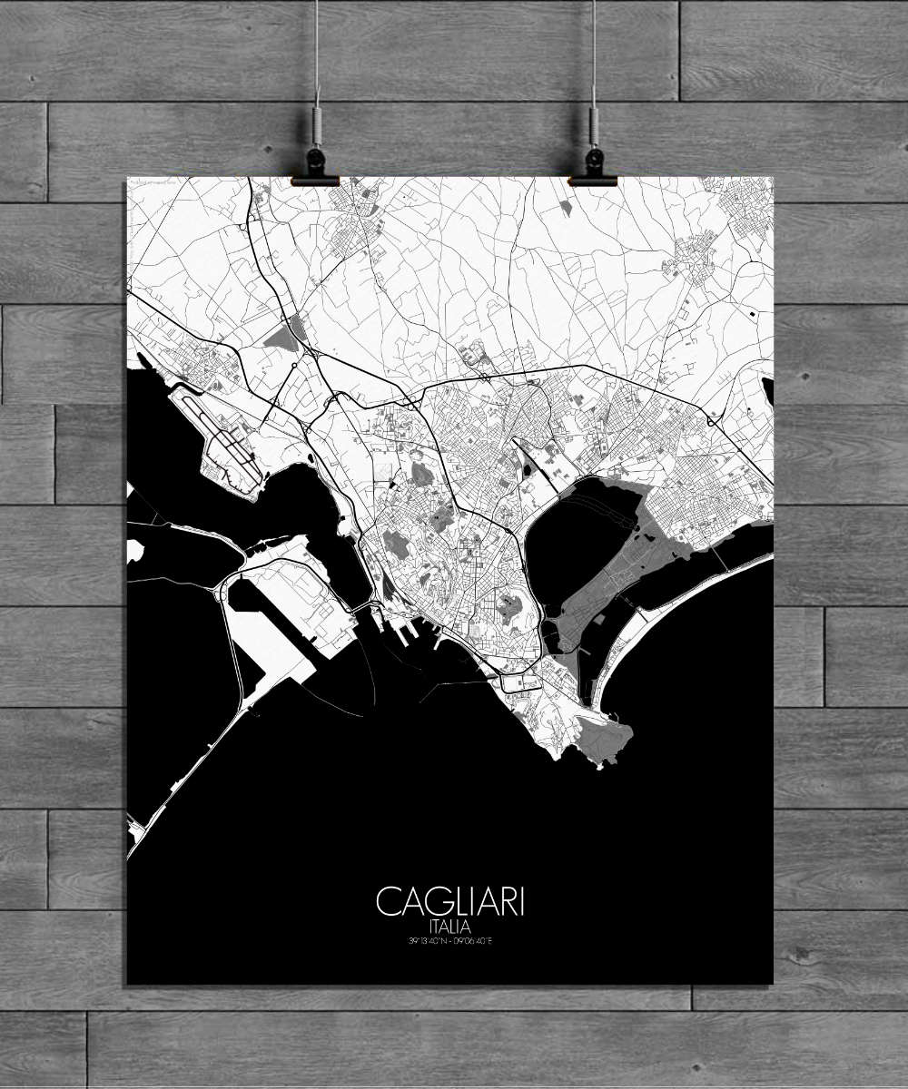 Mapospheres Cagliari Black and White full page design poster affiche city map