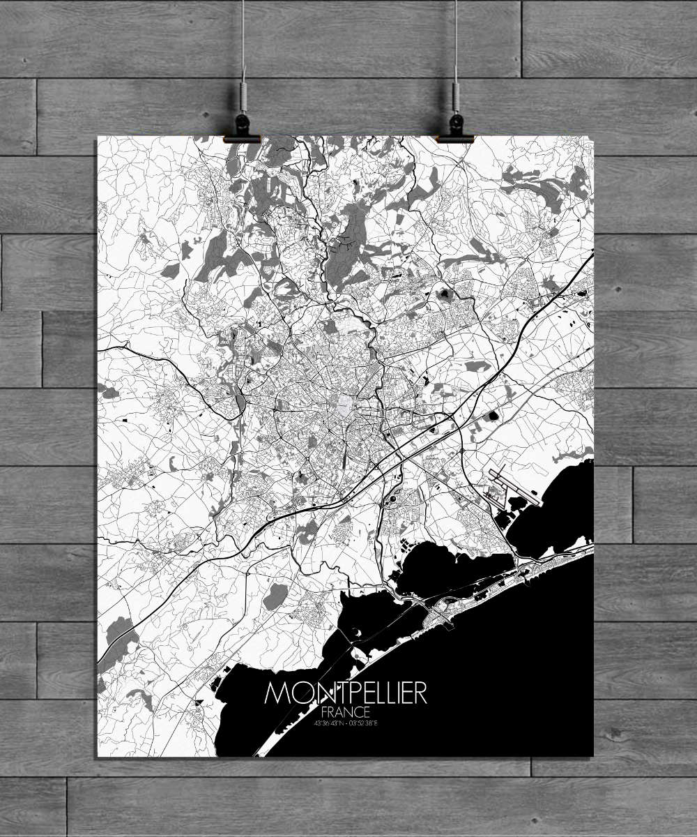 Mapospheres Montpellier Black and White full page design poster city map