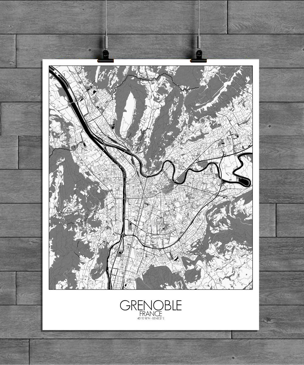 Mapospheres Grenoble Black and White full page design poster city map