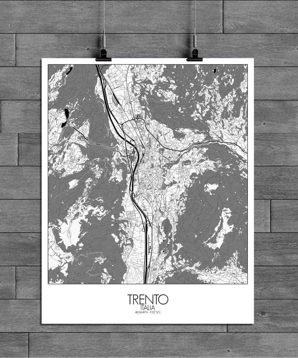 Mapospheres Trento Black and White full page design poster affiche city map