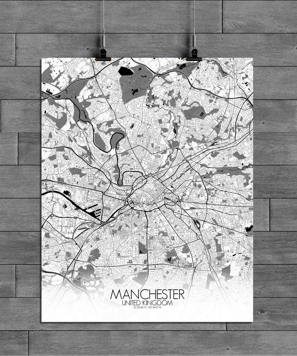 Mapospheres Manchester Black and White full page design poster city map