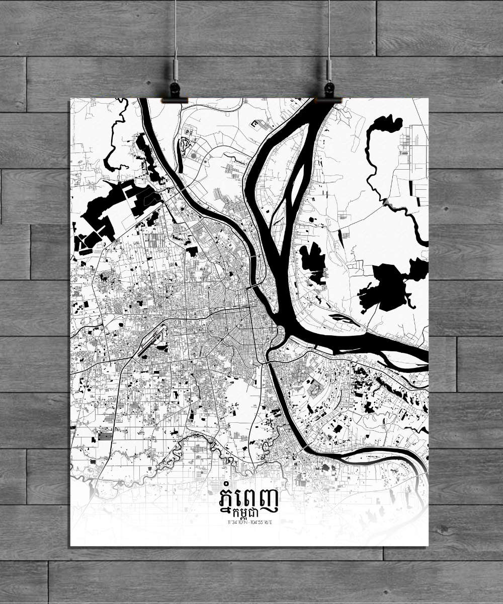 Mapospheres Phnom Penh Black and White full page design poster city map