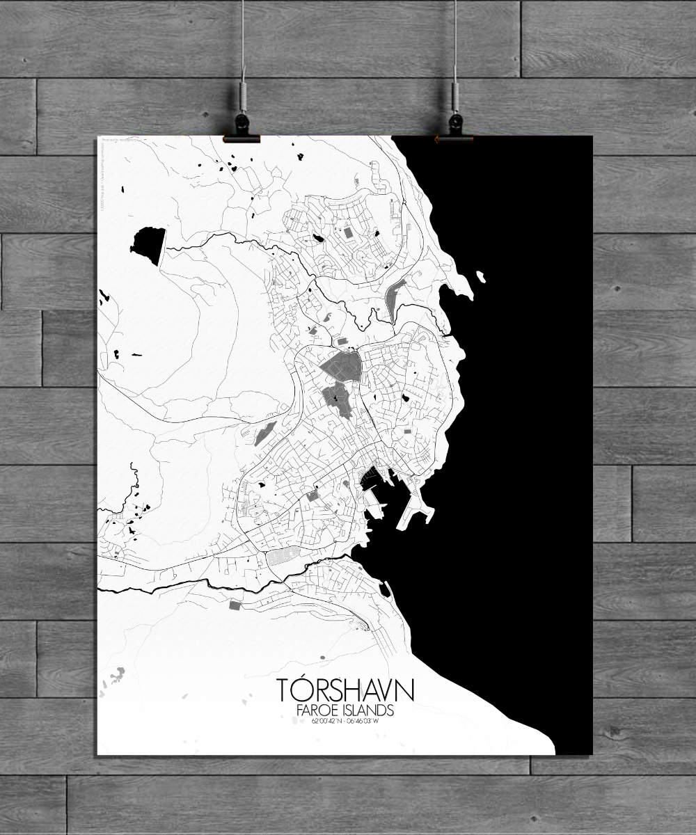 Mapospheres Torshavn Black and White full page design poster city map
