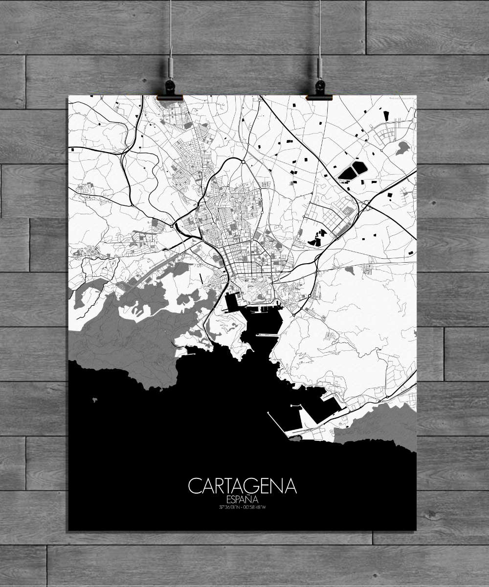 Mapospheres Cartagena Black and White full page design poster affiche city map