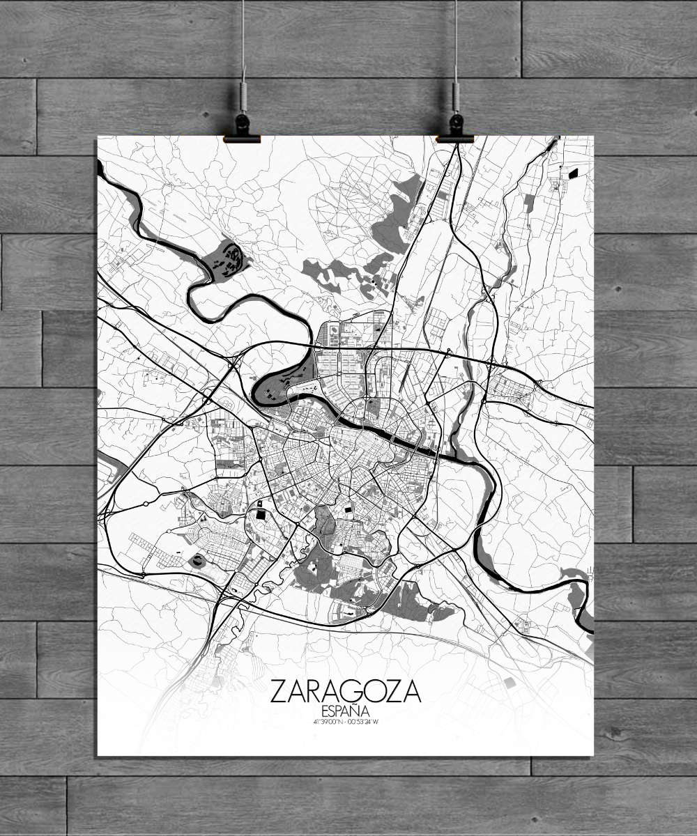 Mapospheres Zaragoza Black and White full page design poster affiche city map