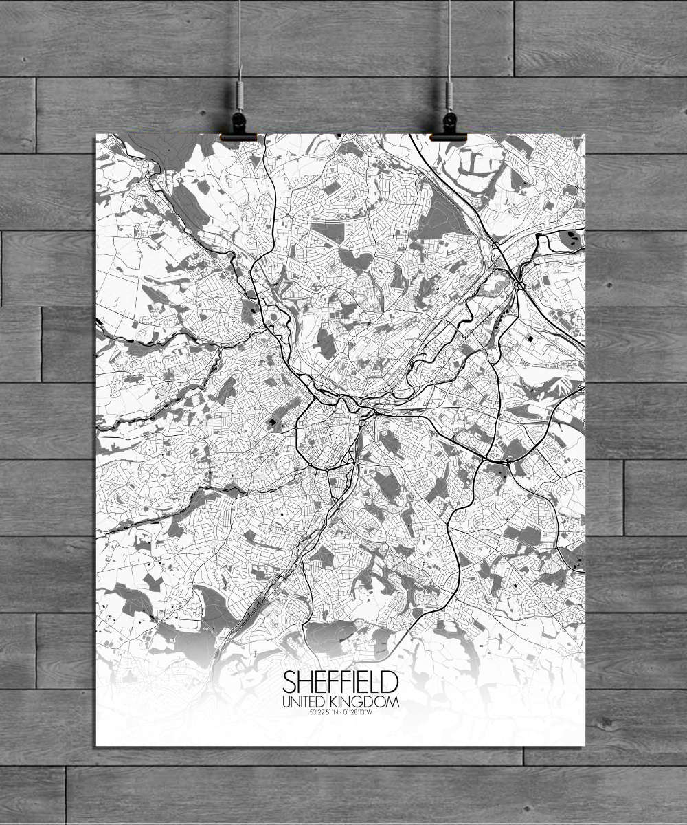 Mapospheres Sheffield Black and White full page design poster city map