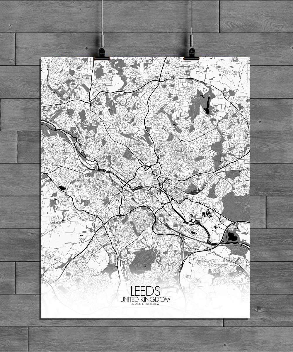 Mapospheres Leeds Black and White full page design poster city map