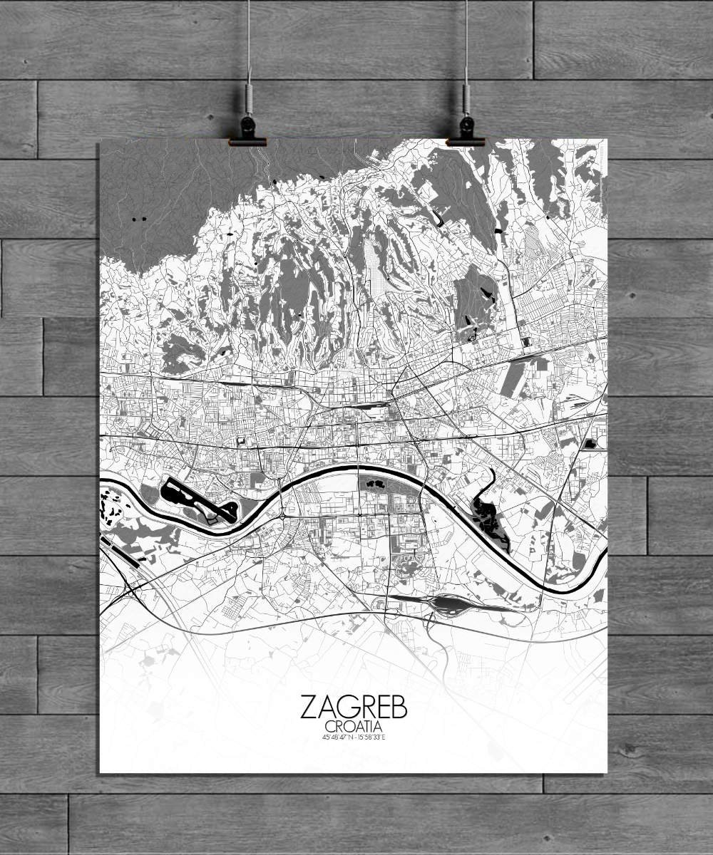 Mapospheres Zagreb Black and White full page design poster city map