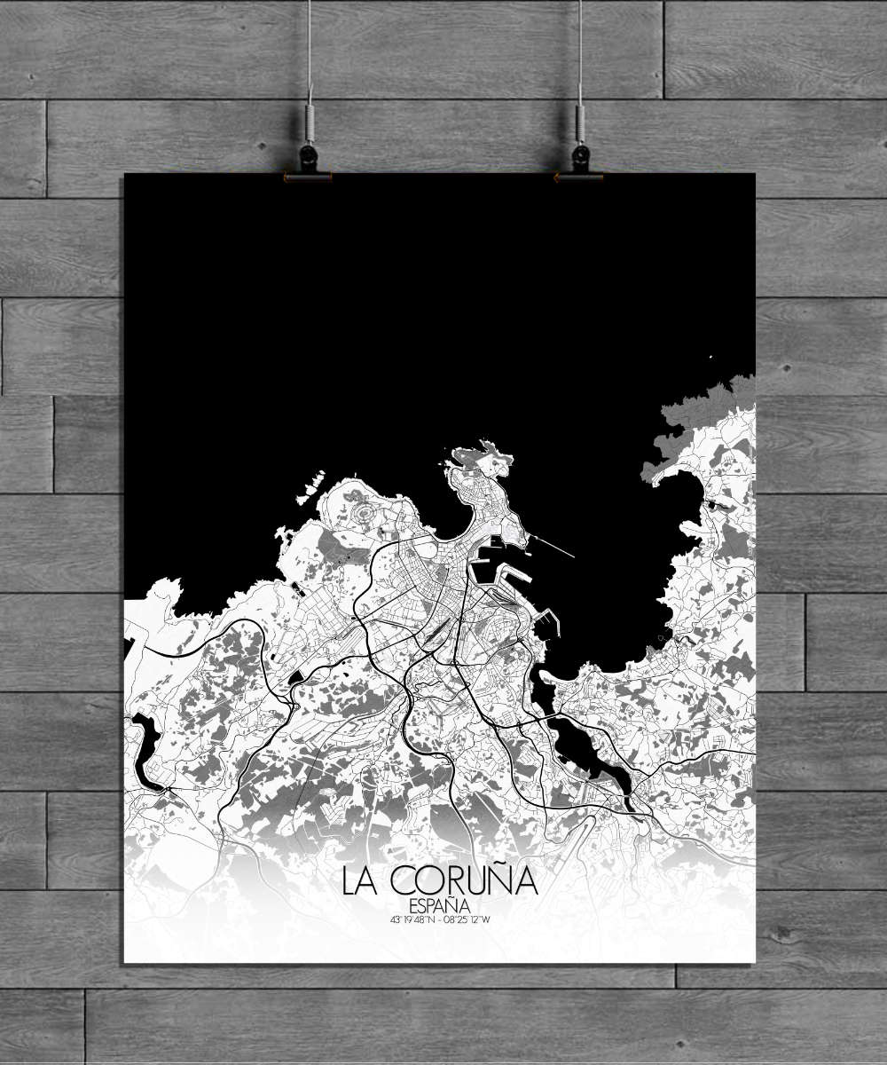 Mapospheres La Coruna Black and White full page design poster affiche city map