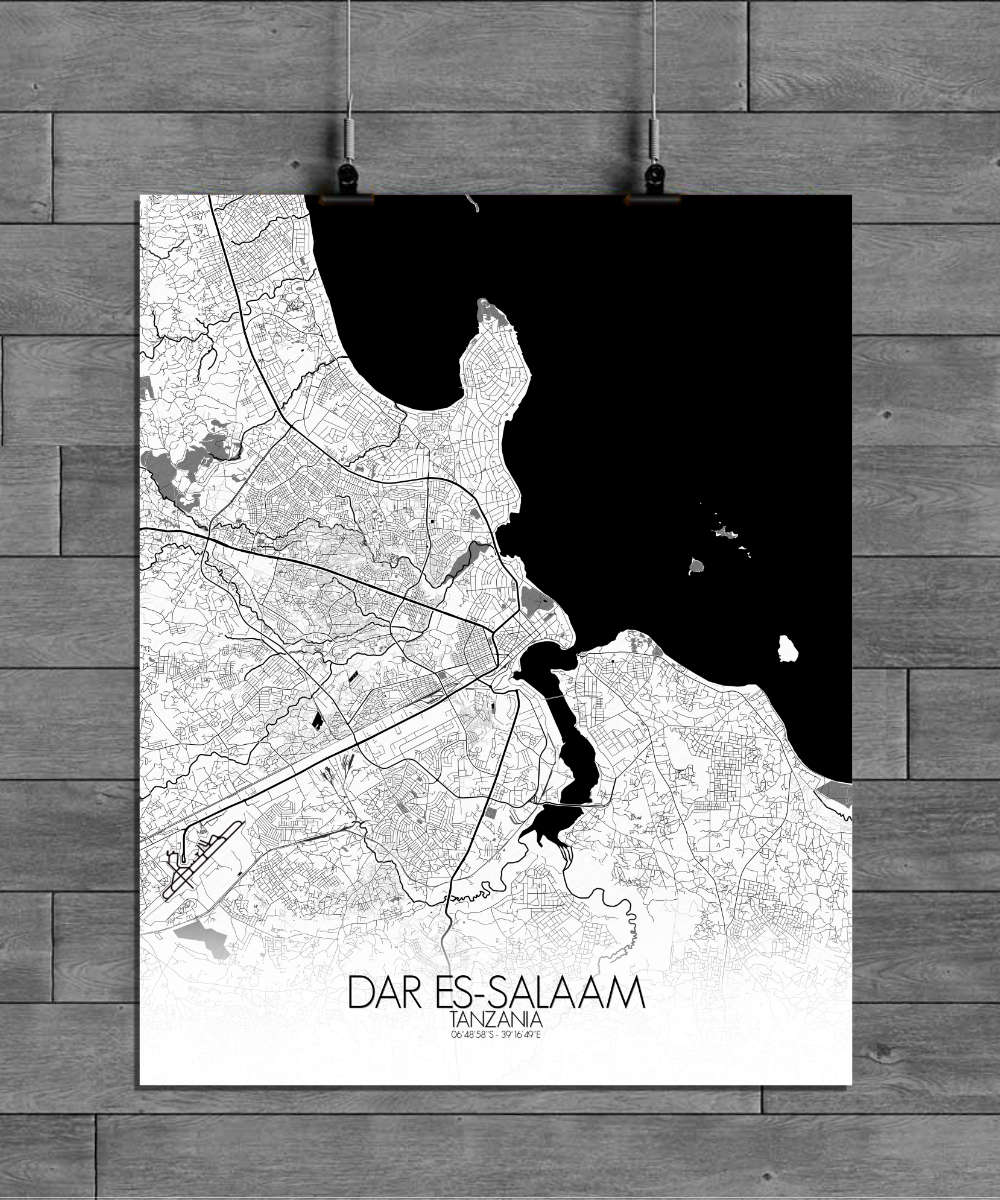 Mapospheres Black and White full page design Dar es Salaam affiche paper poster city map